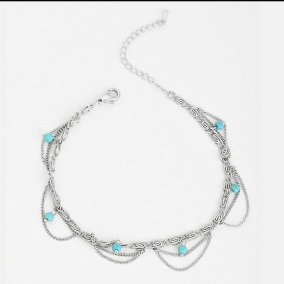 Chain link looped anklet with turquoise accent - Picture 2 of 7